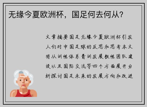 无缘今夏欧洲杯，国足何去何从？